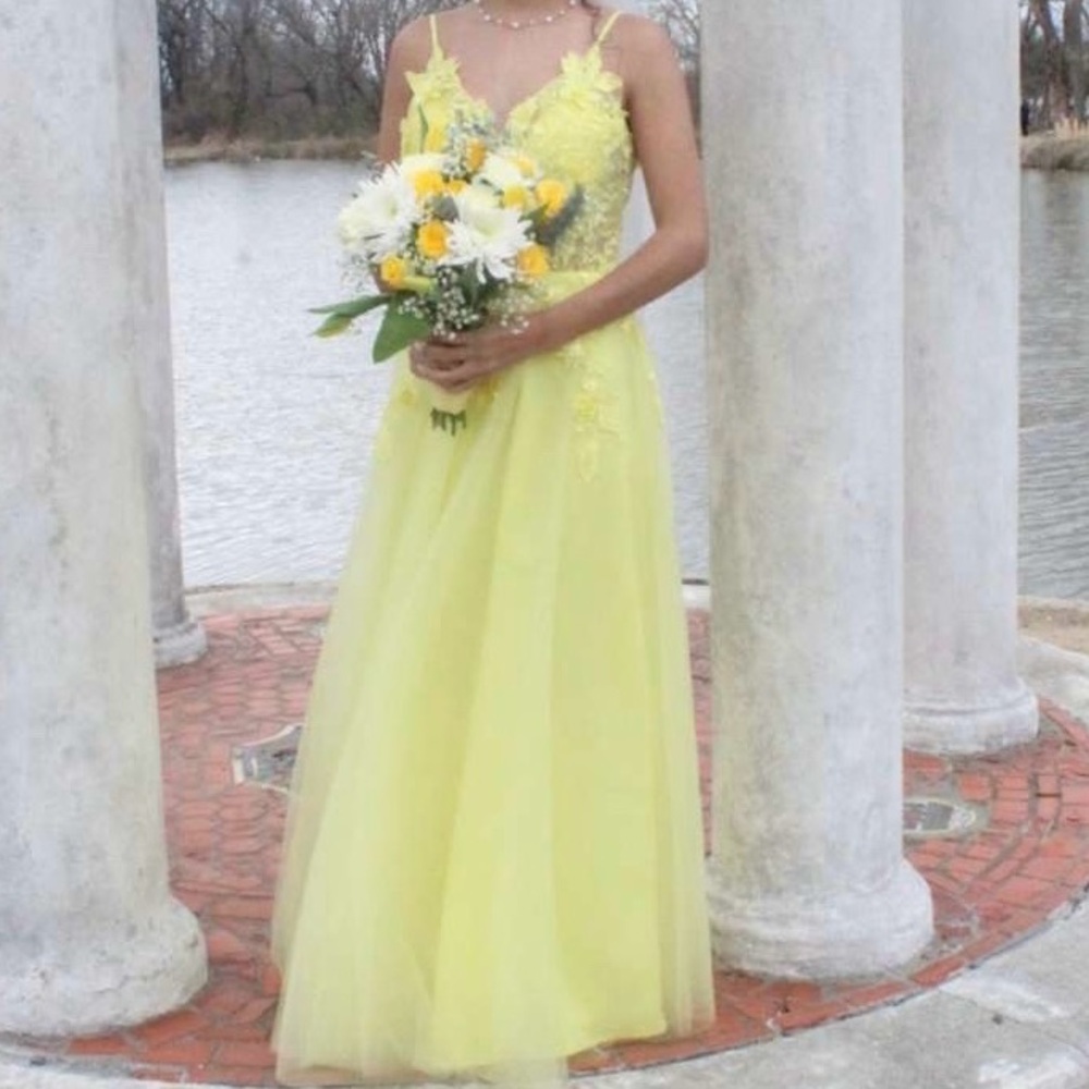 Camille La Vie Yellow Lace Prom Dress